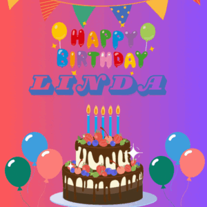 Pink and Red background, Happy birthday cake, balloon, Stars and beautifully written Happy birthday Linda in this gif