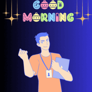 Blue and Black background, Boy , Golde Stars and beautiful written Good Morning in this gif