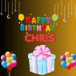 This gif has Black and Gold background, Gift, Balloon star and Happy birthday gif written in beautiful writing