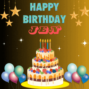 Happy birthday Jen written in gold background, gold and white star, balloon, blue and red color in this gif.