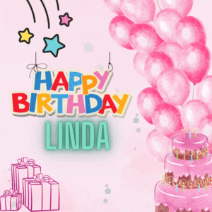 Pink background, gift, stars, beautiful happy birthday cake and beautifully written Happy birthday Linda in this gif