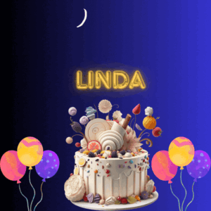 Blue and Black background, happy birthday cake , balloons, Stars and beautifully written Happy birthday Linda in this gif